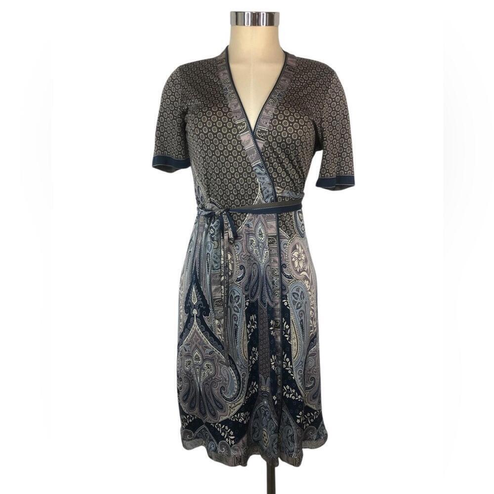 Elie Tahari Brown and Blue Floral and Paisley Wrap Around Pattern Dress